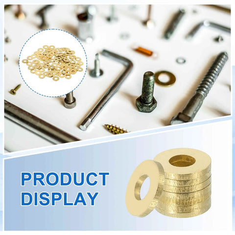Hardened Brass Flat Washers Assortment Kit 110 Pack M3 Copper Crush Washers on display, featuring brass flat washers for bolts and screws.