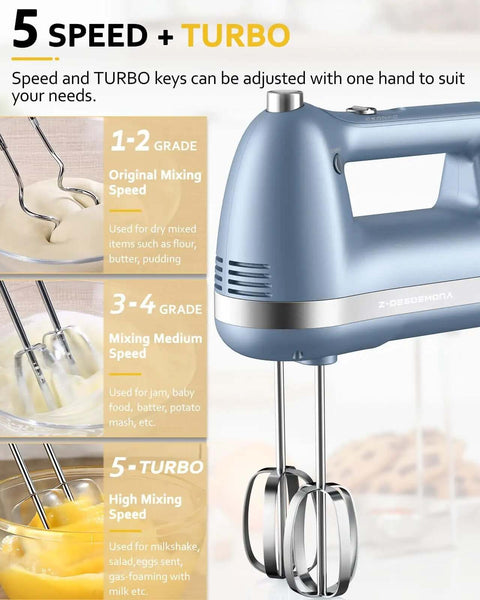 No Drama Electric Hand Mixer Featuring Five Speed Settings And Turbo Boost, Heavy Duty Stainless Beaters in blue with speed settings displayed.