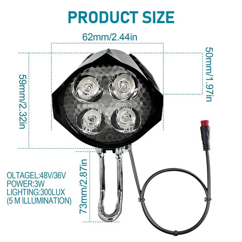 Ebike LED Headlight With Built In Horn For Night Riding All In One Front Light Universal 24V To 52V 4 Light Modes 3 Pin Connector Waterproof Bicycle Light For E Bikes And Scooters