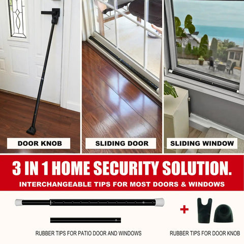 3 In 1 Door Security Bar And Barricade For Home Defense And Travel Heavy Duty Adjustable Iron Door Stopper For Hinged And Sliding Doors Easy Install Sturdy Brace Great For Apartments Dorms And On The Go shown with interchangeable tips and usage examples.