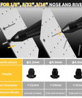 Heavy Duty Brushless Cordless Pop Rivet Gun Pumped With Killer Two Thousand One Hundred Pound Pulling Force For Quick Auto Repair Fixes And Weekend Diy Builds Arriving Fully Loaded And Ready To Crush nozzle specifications for rivets in various sizes connected to black cordless tool.
