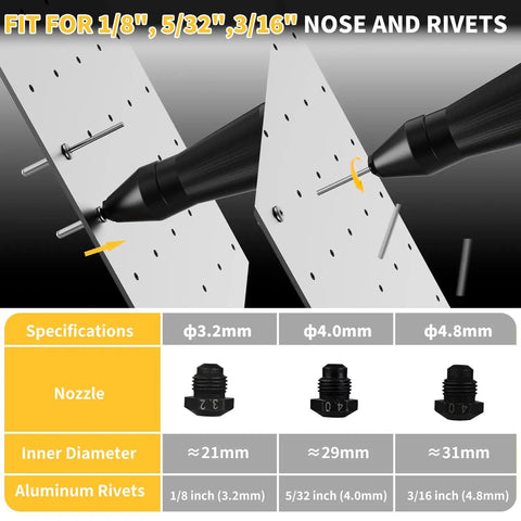 Heavy Duty Brushless Cordless Pop Rivet Gun Pumped With Killer Two Thousand One Hundred Pound Pulling Force For Quick Auto Repair Fixes And Weekend Diy Builds Arriving Fully Loaded And Ready To Crush nozzle specifications for rivets in various sizes connected to black cordless tool.