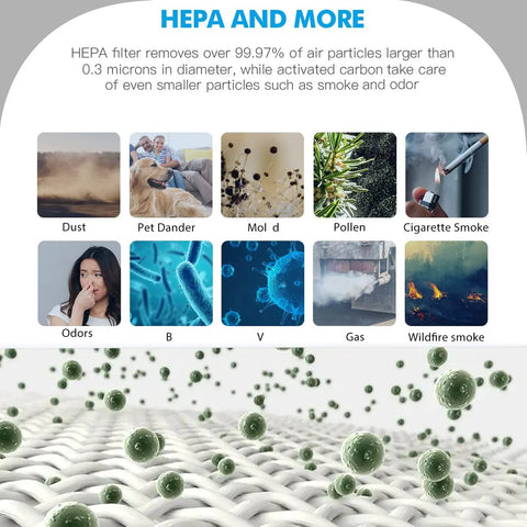 Close-up visualization of HEPA filtration capturing dust, mold, and smoke, purifying air with True HEPA Replacement Filter H 116130.