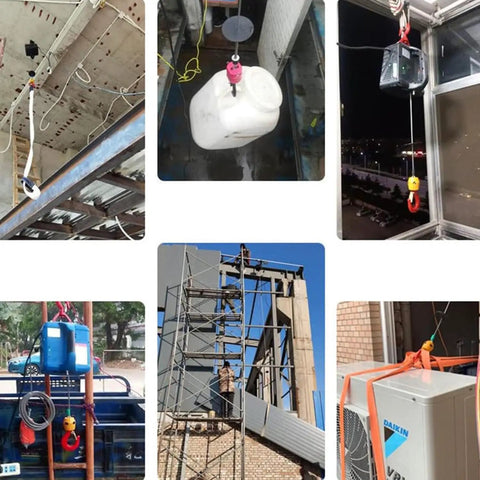 Heavy Duty Electric Lifting Hoist With Wireless Remote Control Supports Up To 400 Kilos lifting a container and equipment in various settings.