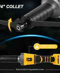 Built Like a Tank Brushless Cordless Die Grinder with 26000 RPM showing 1/4" collet and paddle switch for ease of use.