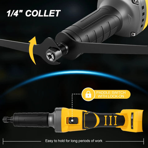 Built Like a Tank Brushless Cordless Die Grinder with 26000 RPM showing 1/4" collet and paddle switch for ease of use.