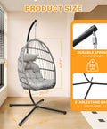 Front view of Outdoor Hanging Egg Chair With Stand For Patio And Garden Cozy Weatherproof Wicker Hammock Chair with cushion and steel frame.