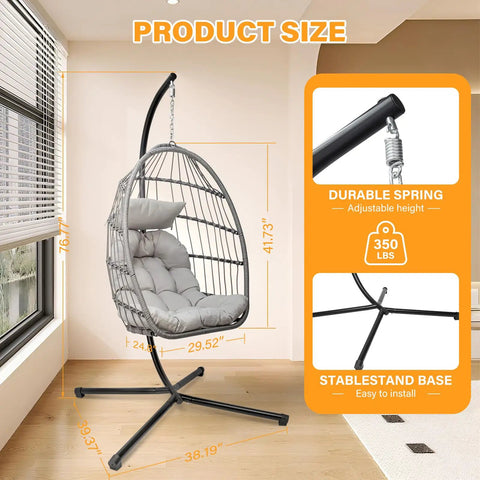 Front view of Outdoor Hanging Egg Chair With Stand For Patio And Garden Cozy Weatherproof Wicker Hammock Chair with cushion and steel frame.