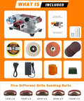 Hella Versatile Compact Mini Belt Sander For Electric Knife Sharpening And Woodworking With Quick Adjustments includes tools and sanding belts.