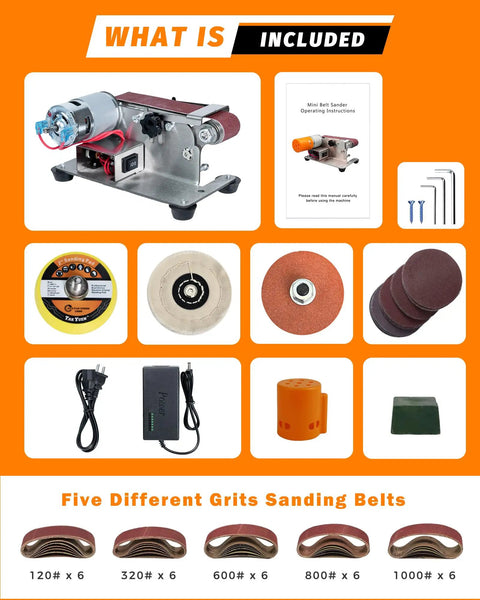 Hella Versatile Compact Mini Belt Sander For Electric Knife Sharpening And Woodworking With Quick Adjustments includes tools and sanding belts.