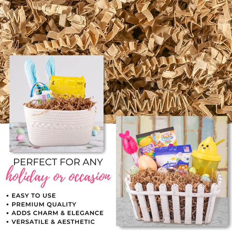 Crinkle Cut Paper Shred Filler 1Lb Kraft For Gift Packaging Protective And Decorative Void Fill detail with Easter baskets.