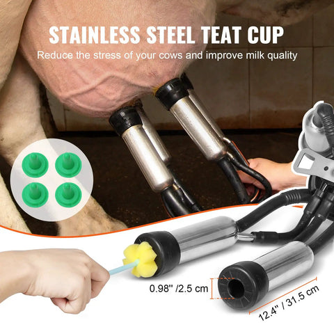 Hands Free Goat Milking Machine With 12 L Stainless Steel Bucket showing silicone tubes and teat cups