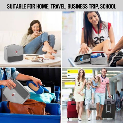 Travel Ready First Aid Bag Kit Empty Medical Supplies Organizer For Hiking Camping Backpacking And Cycling Trauma Kit On The Go With Large Capacity Water Resistant 600D Oxford Gray shown in various settings including home and travel.