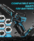 Cordless Mini Chainsaw 8 Inch And 10 Inch For Makita 18V Battery Compatible, displayed with battery compatibility chart