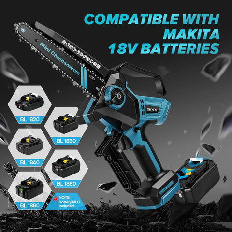 Cordless Mini Chainsaw 8 Inch And 10 Inch For Makita 18V Battery Compatible, displayed with battery compatibility chart