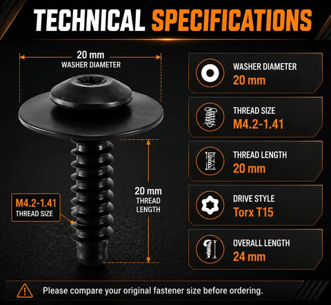 Technical specifications of Top Shelf Heavy Duty 12 Pack Fender Liner Bolts With Splash Shield Screws M4.2 X 1.41