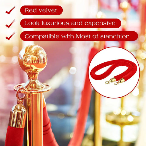 Six Pack Velvet Stanchion Rope Red Carpet Set With Gold Hooks 5 Foot Crowd Control Velvet Ropes For Events