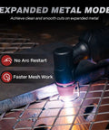 60 Amp Plasma Cutter With Non-Touch Pilot Arc cutting expanded metal, showing tool in use with large LED display, pro-grade 3 in 1 capability.