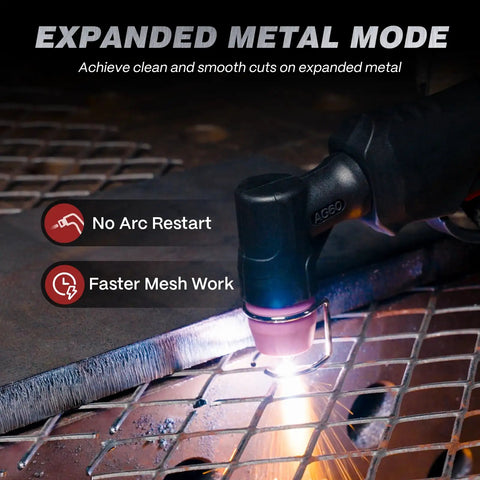 60 Amp Plasma Cutter With Non-Touch Pilot Arc cutting expanded metal, showing tool in use with large LED display, pro-grade 3 in 1 capability.