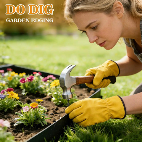 Person installing 4 Inch Tall Landscape Edging Kit With 132 Feet Of No Dig Plastic Border, 120 Spikes, Garden Lawn Border