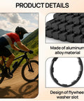 Cyclist on mountain bike and close-up of Seven Size Bike Headset Spacers Set made of aluminum for precise height adjustment.