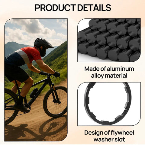 Cyclist on mountain bike and close-up of Seven Size Bike Headset Spacers Set made of aluminum for precise height adjustment.