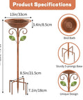 Vintage Copper Metal Bird Bath Stand For Outdoors, 42.1 Inch Tall Garden Bird Feeder With Five Prong Base Stake and Bowl