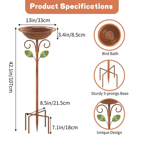 Vintage Copper Metal Bird Bath Stand For Outdoors, 42.1 Inch Tall Garden Bird Feeder With Five Prong Base Stake and Bowl