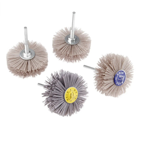Four Piece Nylon Wheel Brush Set With 80 120 180 240 Grit, Abrasive Grinding Heads On 6mm Threaded Shanks, Built For Rust Removal And Paint Prep