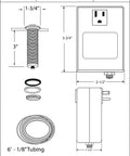 Specification sheet for Disposal Air Switch and Single Outlet Control Box in Polished Nickel with trim and tubing dimensions.