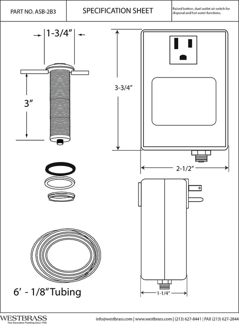 Specification sheet for Disposal Air Switch and Single Outlet Control Box in Polished Nickel with trim and tubing dimensions.