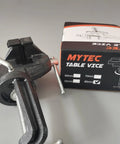 Heavy Duty Clamp On Vise With 360 Degree Rotating Jaw, 3.2 Inch Wide Jaw, shown beside its box, black finish