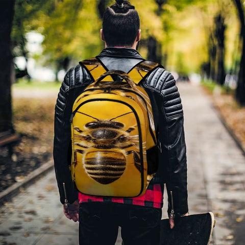 Golden Floral Bee Printed Unisex Backpack With Large Capacity worn by person outdoors