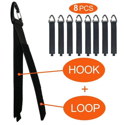 Extension Cord Organizer With Carabiner 8 Pack For Garage And Shop Storage showing nylon strap and carabiner clips.