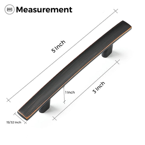Oil Rubbed Bronze Curved Cabinet Handles Arch Drawer Pulls For Kitchen 3 Inch Hole Centers 25 Pack with measurements displayed