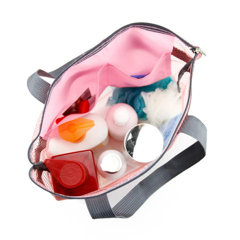 Top view of Mesh Shower Caddy Bag With Zipper Portable Hanging Toiletry Organizer in pink nylon, packed with toiletries