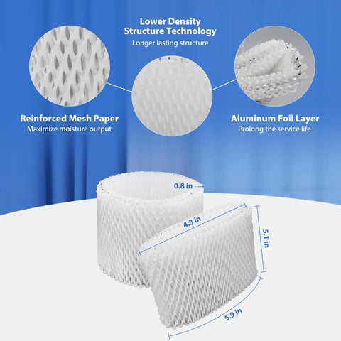 Six Pack WF2 Humidifier Filter Replacement Set for Vicks V3100 featuring reinforced mesh and aluminum foil layer, dimensions shown.