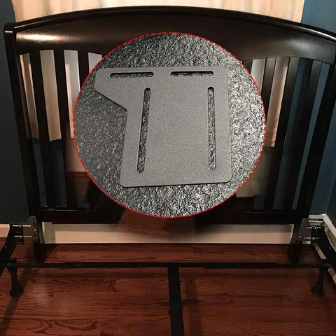 Heavy Duty Bed Frame Bracket Adapter For Headboard Conversion Full To Queen Solid Steel Offset Plates close-up view on headboard.