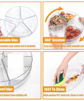 Clear 11 Inch Lazy Susan Organizer with Five Removable Bins showing rotation, easy access, and high-quality PET material details.