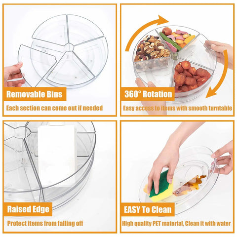 Clear 11 Inch Lazy Susan Organizer with Five Removable Bins showing rotation, easy access, and high-quality PET material details.