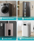 Auto Reset GFCI Plug 15 Amp Ground Fault Protector connected to appliances like washing machine, refrigerator, and water heater.
