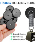 Ten Pack Neodymium Cup Magnets 150 Lb Pull With Countersunk Hole shown with black round base 1.4 inch diameter