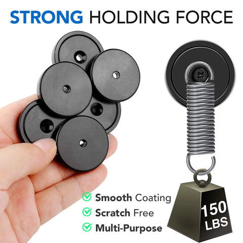 Ten Pack Neodymium Cup Magnets 150 Lb Pull With Countersunk Hole shown with black round base 1.4 inch diameter