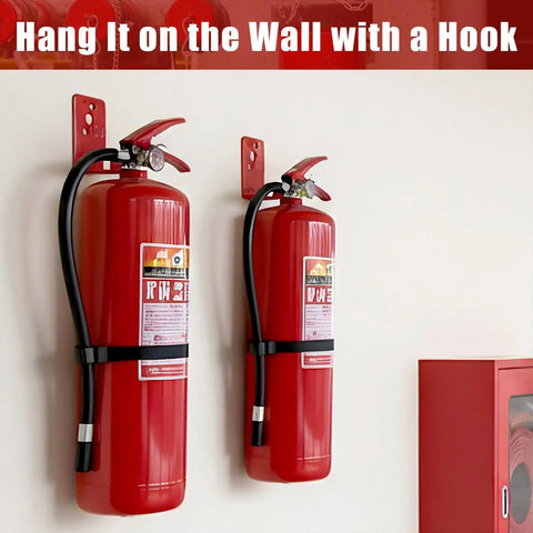 20 Pack Universal Fire Extinguisher Mounting Bracket Kit With Expansion Screws And Wall Hanger A Must Have For Cabinets Walls Or Closets Easy Access And Secure Storage showing two fire extinguishers on red wall mounts