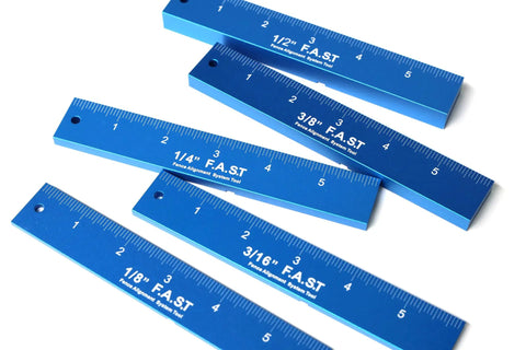 Fence Alignment Tool With Magnetic Stackable Bars For Quick Table Saw Fence Setup And Precise Blade To Fence Spacing Router Bit Height Ruler And Tooth Notch For Woodworking showing five blue magnetic bars.