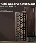 Premium Solid Walnut Wood 75 Percent Wireless RGB Mechanical Gaming Keyboard Featuring Dope Hot Swap Caps And Fire Backlighting For Your Sick Desk Setup side view showcasing thick walnut case and brown keycaps.