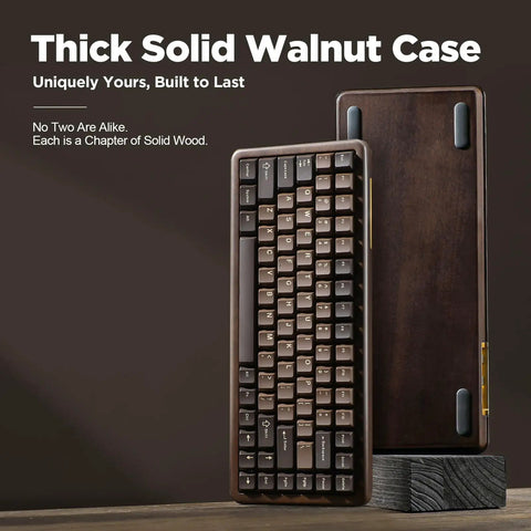 Premium Solid Walnut Wood 75 Percent Wireless RGB Mechanical Gaming Keyboard Featuring Dope Hot Swap Caps And Fire Backlighting For Your Sick Desk Setup side view showcasing thick walnut case and brown keycaps.
