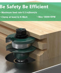 Pro Grade 3 Piece Cabinet Door Router Bit Set With One Half Inch Shank milling wood for precision cabinetry, safety instructions visible