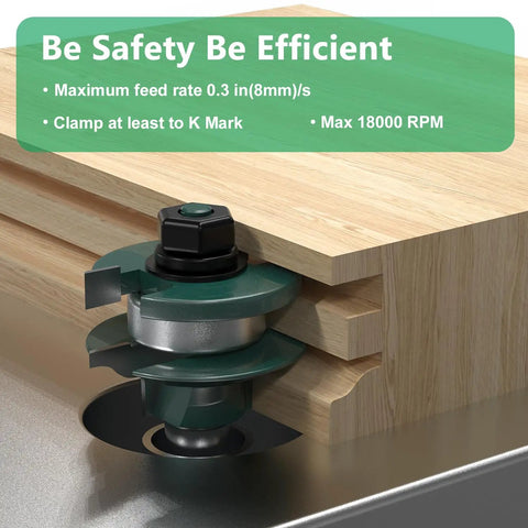 Pro Grade 3 Piece Cabinet Door Router Bit Set With One Half Inch Shank milling wood for precision cabinetry, safety instructions visible