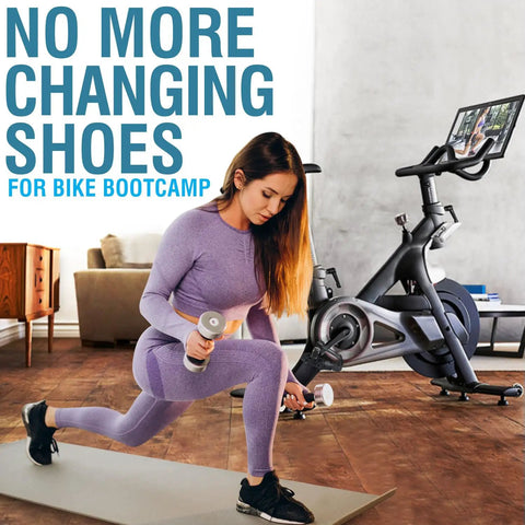 Woman exercising beside exercise bike, Toe Cage Straps For Peloton Pedals Convert Look Delta To Toe Cage Straps For Indoor Cycling